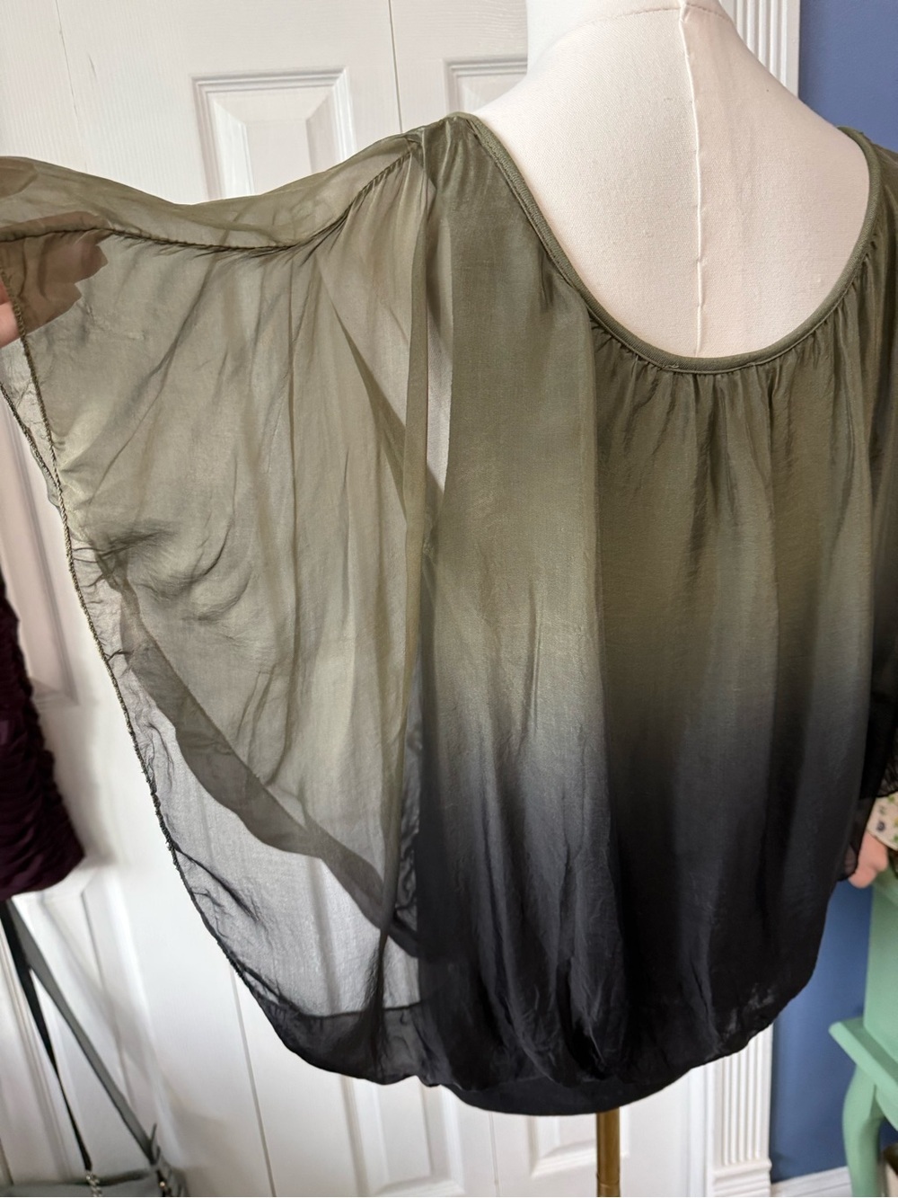 Giusy Made in Italy Silk Olive to Black Ombre Blouse Sheer Overlay Jersey Lined - Picture 5 of 13